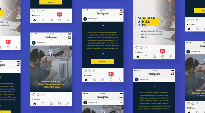 A collage of Instagram posts with a blue background, featuring text about Shulman & Hill and workers’ compensation tips, highlighted quotes, and images of people working at desks with headsets.