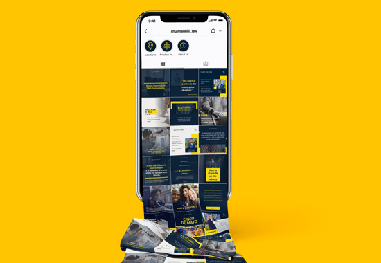 A smartphone displays an Instagram profile with a grid of blue and yellow posts. The screen extends downward, transforming into a rolled ribbon of similar images, set against a solid yellow background.