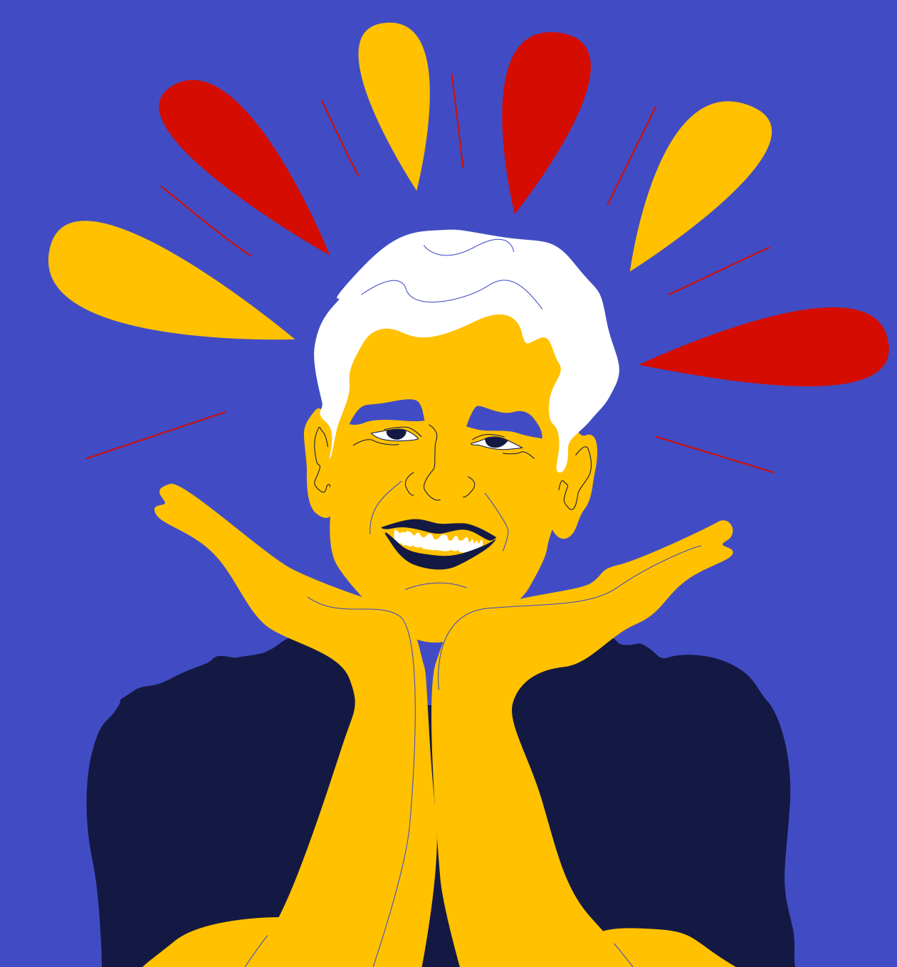 A smiling person with white hair poses with their hands under their chin against a blue background, surrounded by yellow and red splash shapes radiating outward.
