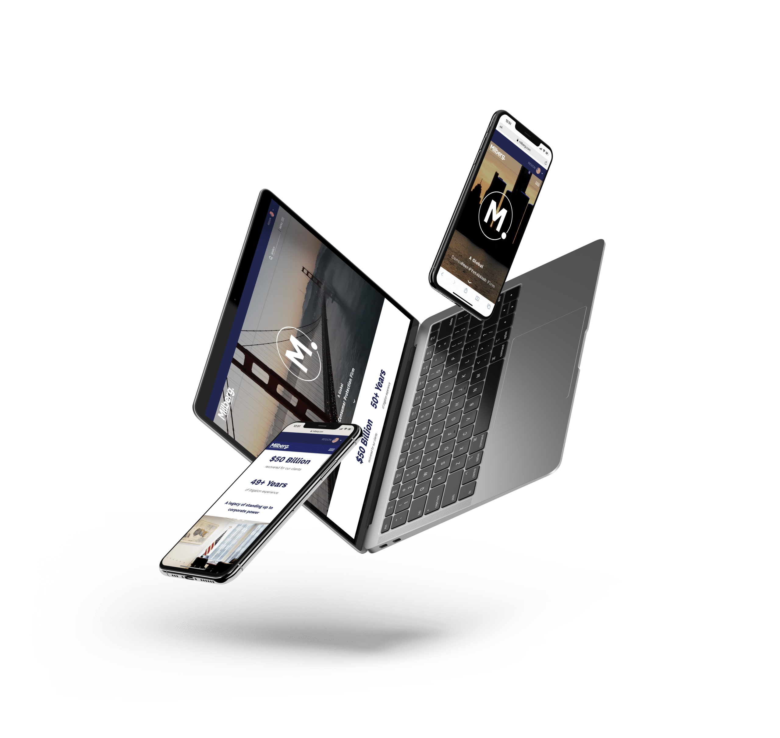 A laptop, tablet, and two smartphones displaying a website with the M logo appear to float above a shadowed surface on a white background.