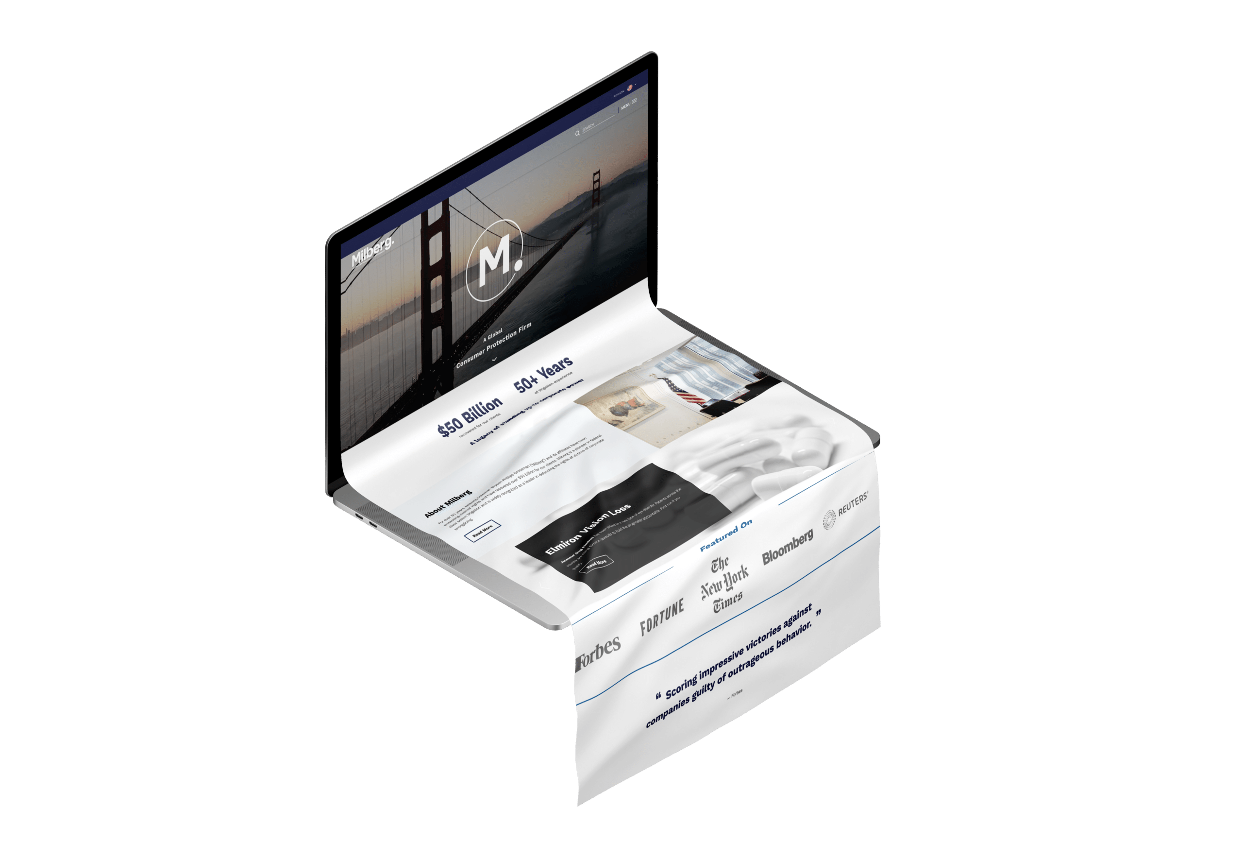 A laptop displays a website, with its screen extending outward and cascading down like a fabric or paper scroll, showing web content continuing off the screen. The background is plain black.