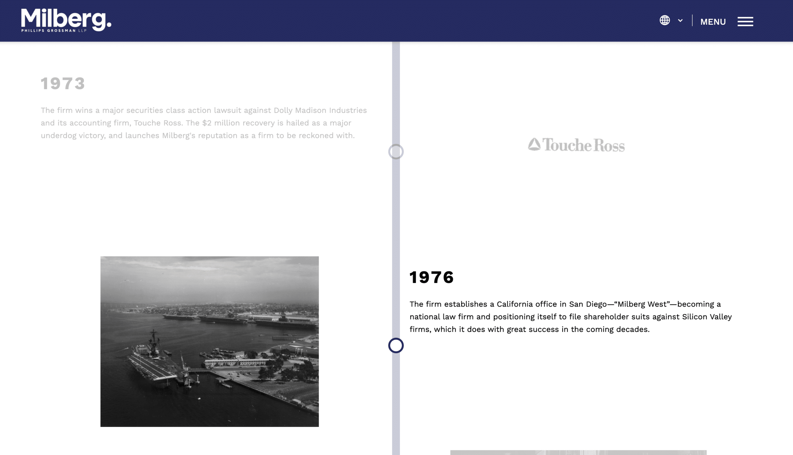 Timeline graphic showing two milestones for Milberg. On the left, 1973 is described with light gray text above a black-and-white aerial photo of a harbor. On the right, bold black text highlights the firms 1976 expansion.