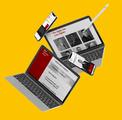 Three laptops and two smartphones display a legal website with images of people, legal categories, and text, floating against a bright yellow background. A white stylus is placed on one laptop screen.