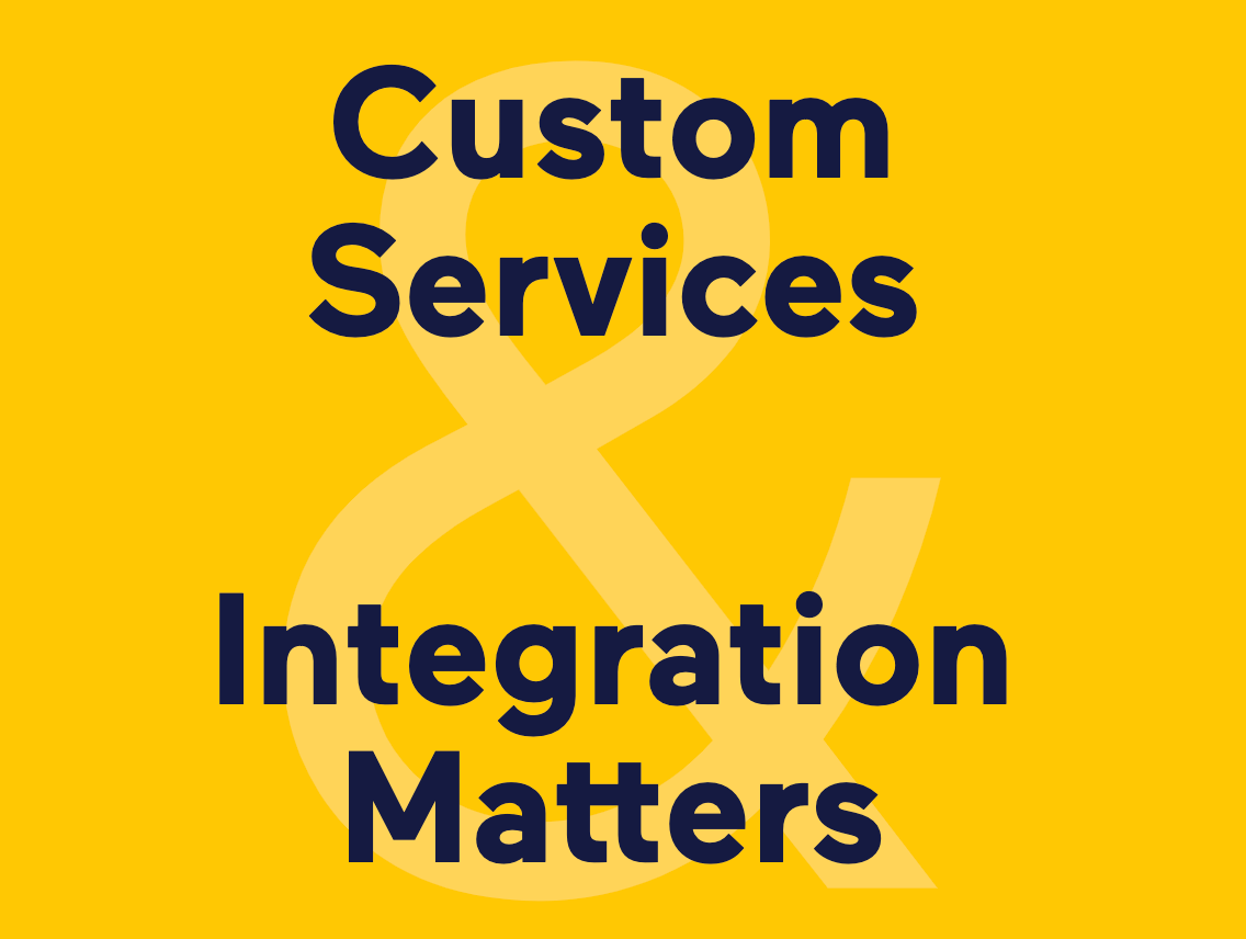 Yellow background with a large, faint ampersand symbol. Bold black text reads: Law Firm Web Design & Custom Services – Integration Matters.