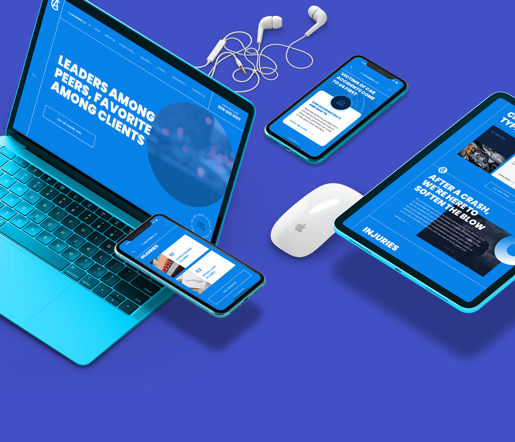 A turquoise laptop, smartphone, and tablet display a blue-themed website on a purple surface, accompanied by white earphones and a white Apple Magic Mouse.