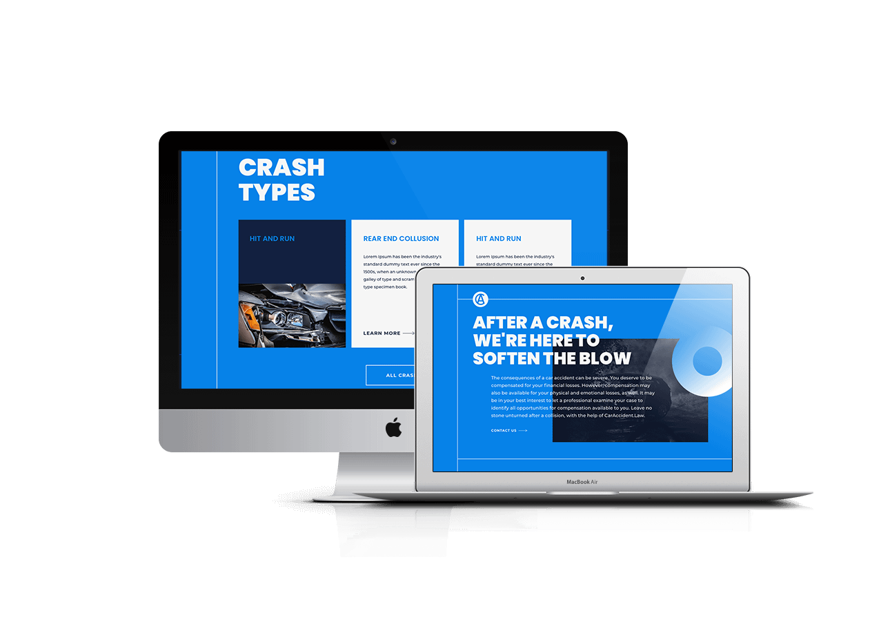 A desktop monitor and a laptop display a website with blue backgrounds about car crashes, showing text and a photo of a damaged car on both screens.