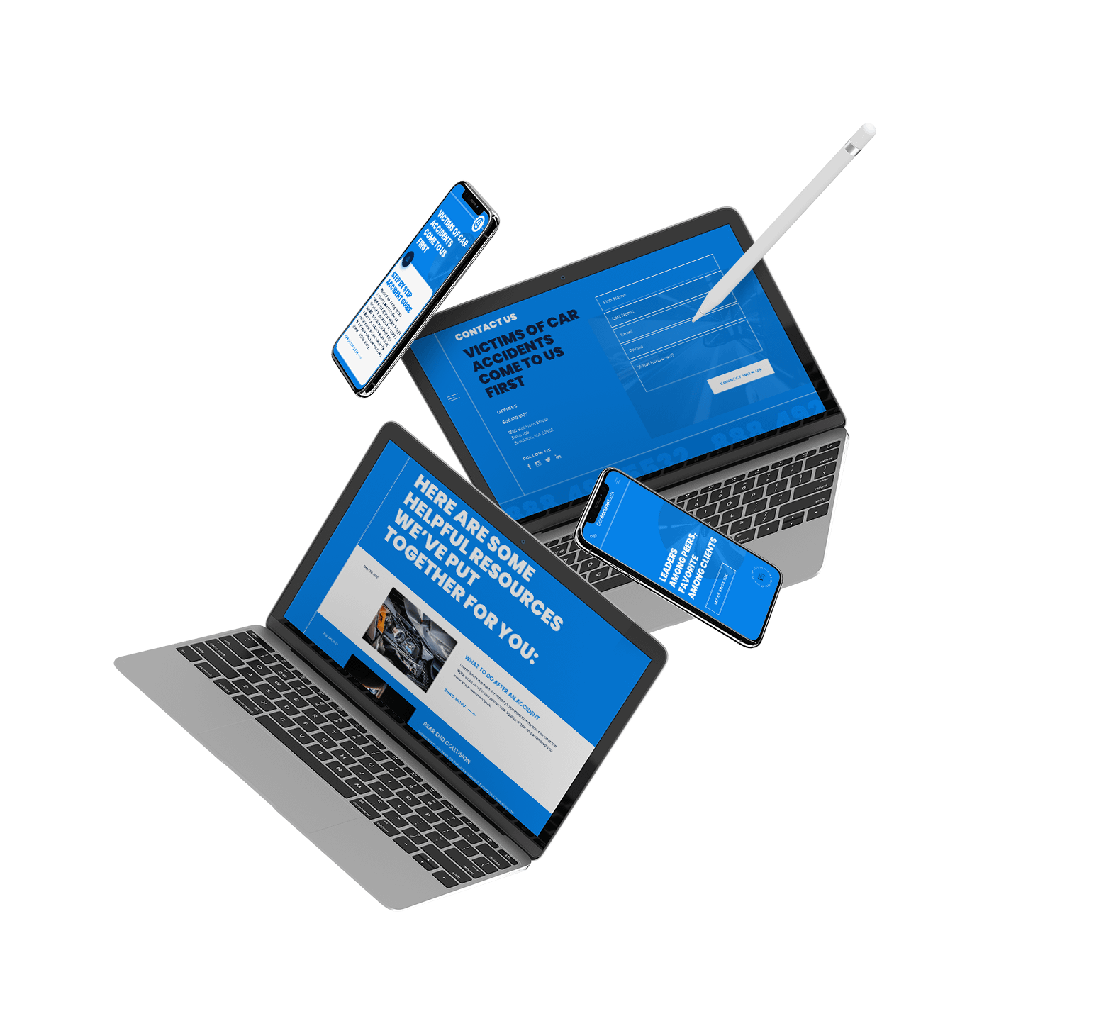 Two laptops and two smartphones display blue-themed websites and forms, with a stylus interacting with one laptop screen, all floating against a white background.