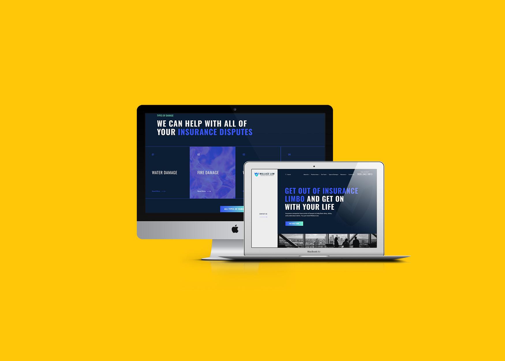 Two computer screens—an iMac and a laptop—displaying insurance dispute resolution websites, set against a bright yellow background. The screens feature blue-themed website designs with white text.