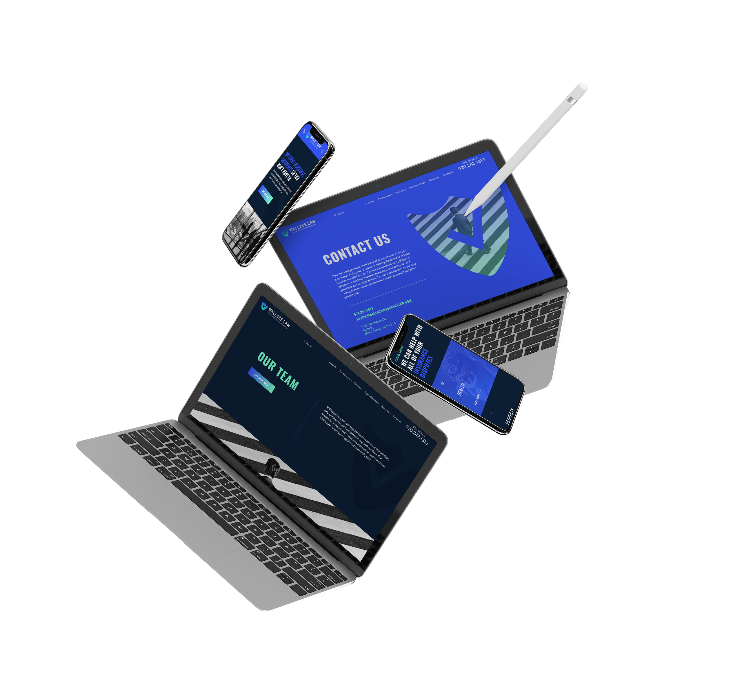 Three floating laptops and two smartphones display blue-toned websites with text and graphics, including Contact Us and Our Team sections. A stylus appears to interact with one laptop screen.