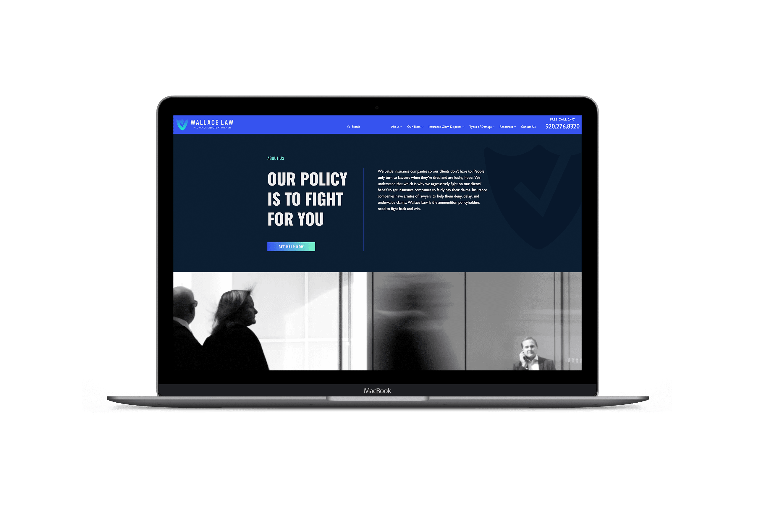 A MacBook displays a law firms website with the headline Our policy is to fight for you on a dark blue background, navigation links at the top, and black-and-white images of people along the bottom.