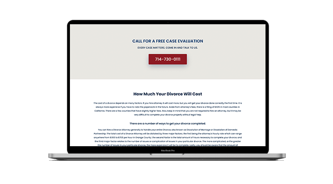 A laptop displays a webpage offering a free case evaluation for divorce, featuring a red call-to-action button with a phone number and information about divorce costs.