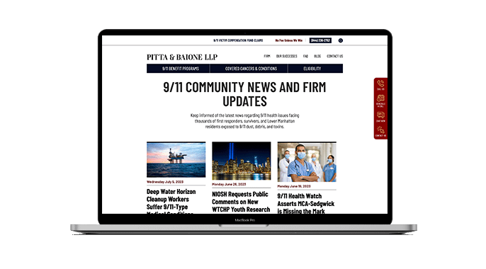 A laptop displaying the PITTA & BAIONE LLP website, showing a section titled “9/11 Community News and Firm Updates” with articles and images related to health and research updates.