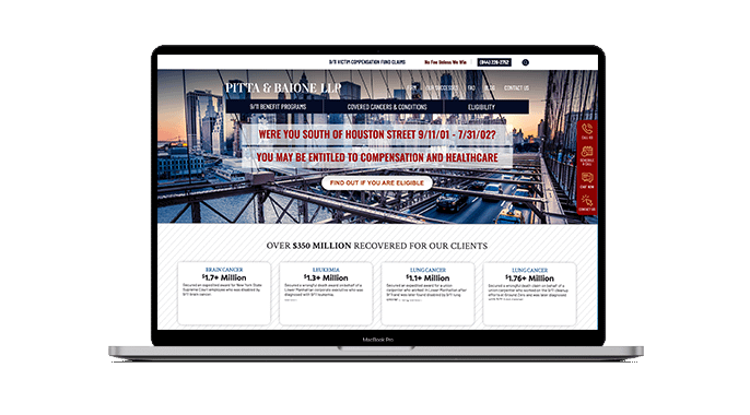 A laptop displays the website for Pitta & Baione LLP, featuring information about compensation and healthcare eligibility for those south of Houston Street in NYC during 9/11, with options to check eligibility and view recovered amounts.