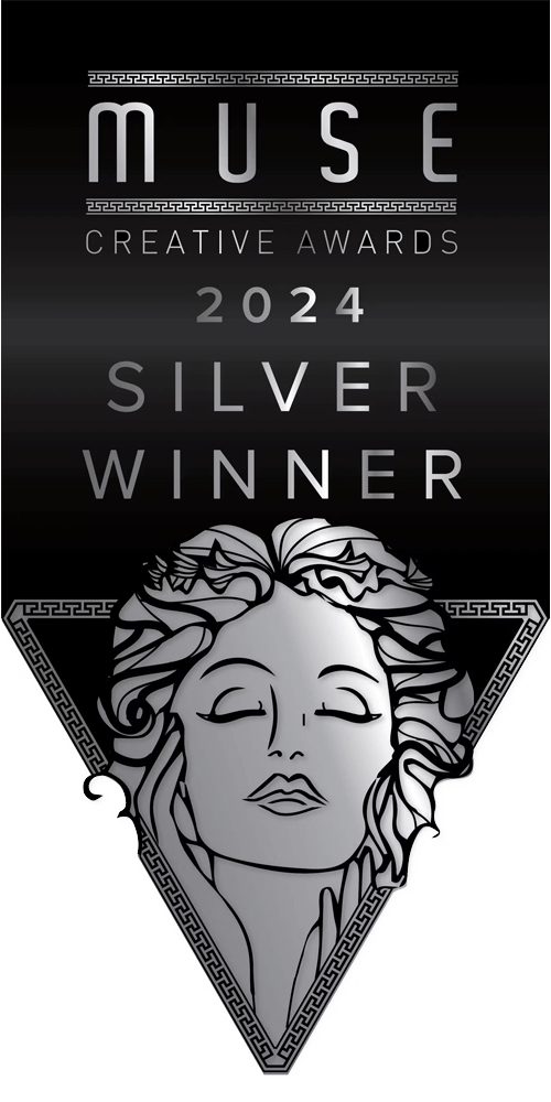 A silver-toned award graphic with the text MUSE Creative Awards 2024 Silver Winner above an illustrated face of a woman with flowing hair in a triangular frame.