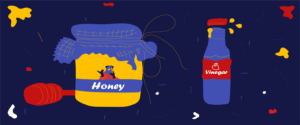 Illustration of a honey jar with a dipper and a bottle labeled “Vinegar” against a dark background with colorful abstract splashes, symbolizing the blend of sweetness and sharpness in Best Practices for Legal Intakes. The honey jar has a fabric cover tied with string.