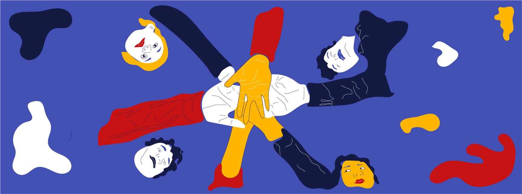 Illustration of five diverse people lying in a circle, each extending a hand to the center to form a star shape—a creative representation of collaboration, inspired by Best Practices for Marketing Your Law Firm. Blue background with abstract colorful shapes.