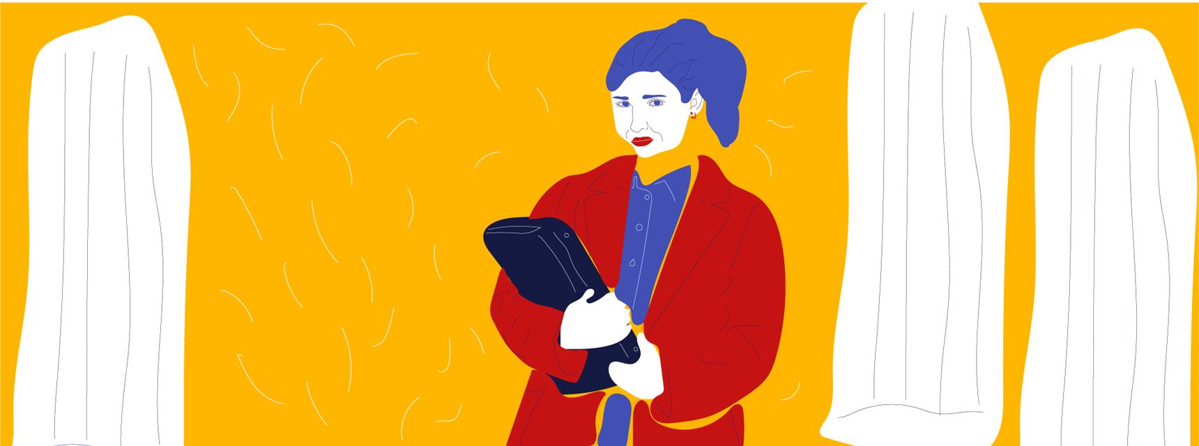 Illustration of a person with blue hair in a red coat, holding a black bag, standing between large white columns against a yellow background—perfect for marketing for different law firms seeking standout visuals.