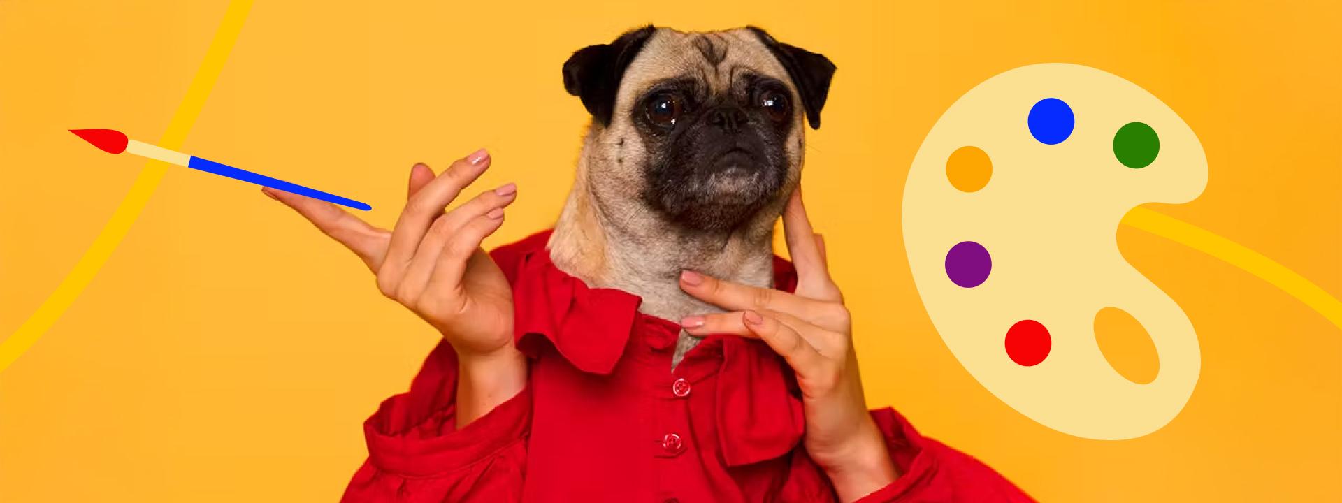 A pug wearing a red shirt is held upright by human hands. One hand holds a paintbrush, and a colorful artists palette is shown on a bright yellow background, highlighting the influence of color psychology in art.