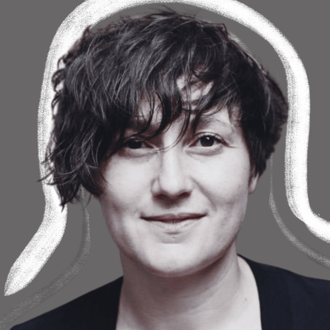A person with short, dark, tousled hair smiles softly at the camera. The background is gray with abstract white curved lines framing their head and shoulders.