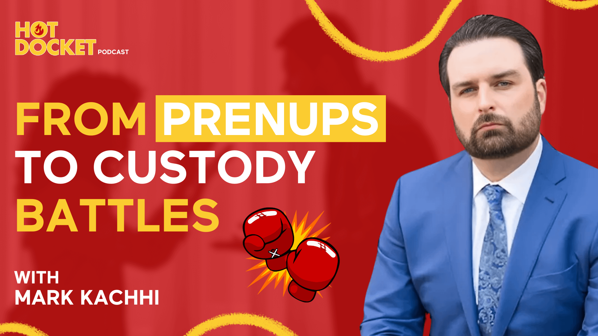 A man in a blue suit sits beside bold text that reads, FROM PRENUPS TO CUSTODY BATTLES. Boxing gloves, a podcast logo, and the name Mark Kachhi appear on a red background with a yellow wavy line.